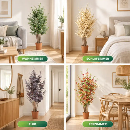 Künstlicher Eukalyptus in vier Farben in Wohnzimmer, Schlafzimmer, Flur und Esszimmer