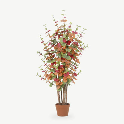 Künstlicher Eukalyptus in Bunt mit roten, orangen und grünen Blättern, 120 cm im Topf