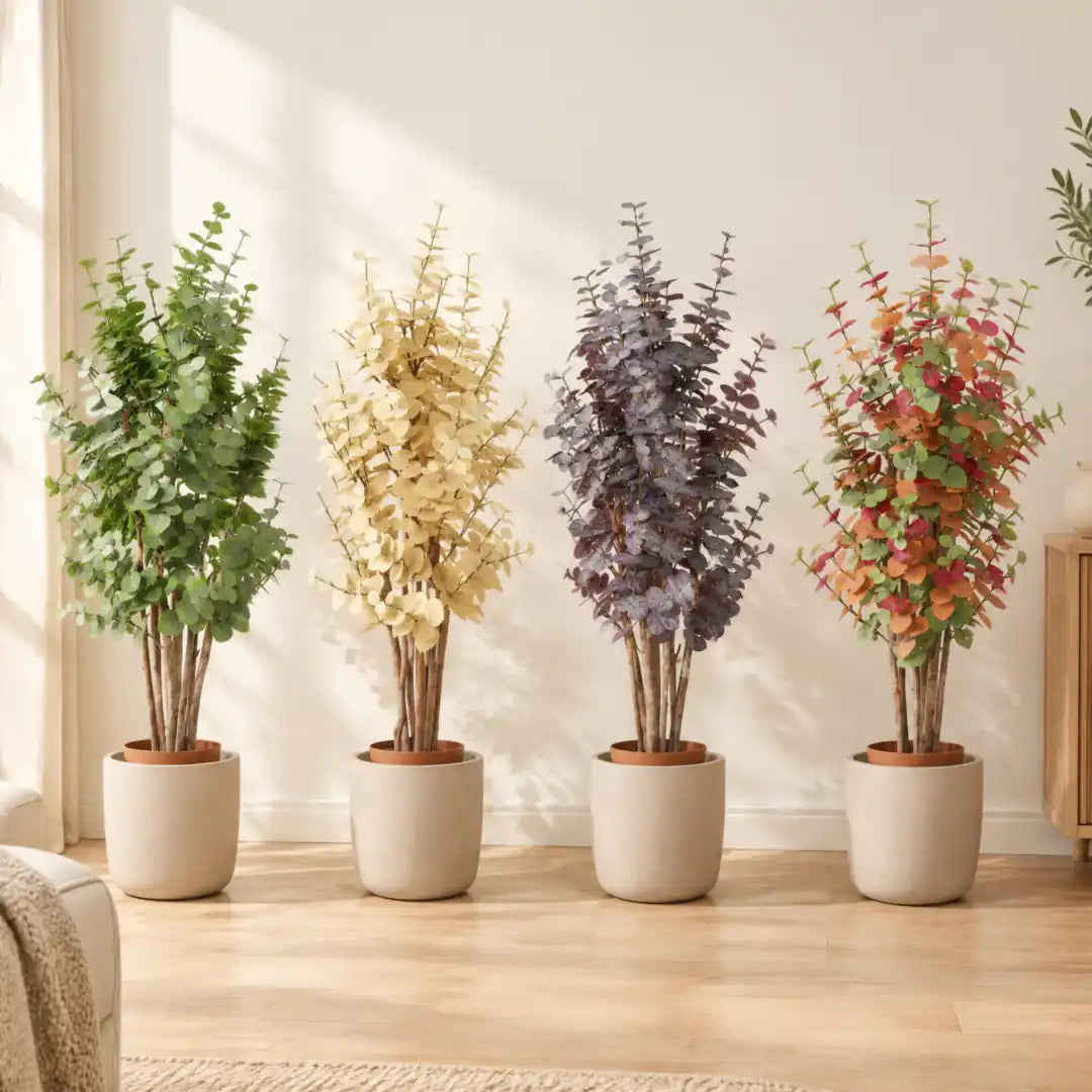 Künstlicher Eukalyptus in Grün, Gelb, Lila und Bunt nebeneinander