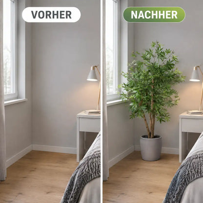 Vorher und nachher: leere Schlafzimmerecke, dann mit künstlichem Japanischen Ahorn
