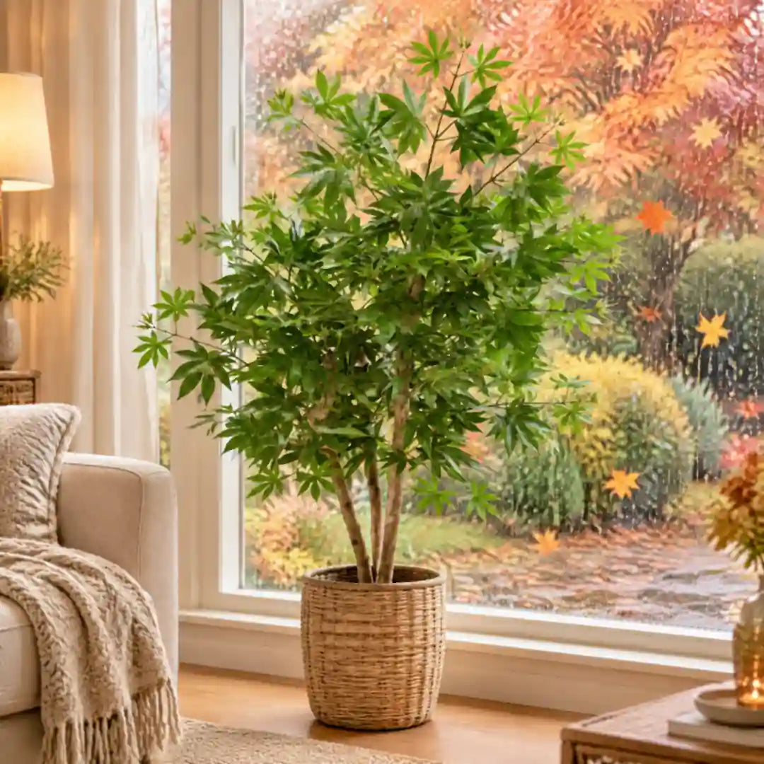 Grüner künstlicher Ahorn vor dem Fenster, draußen Herbstlaub