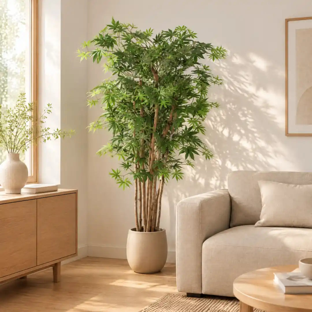 Künstlicher Japanischer Ahorn in der Wohnzimmerecke neben Sofa und Sideboard