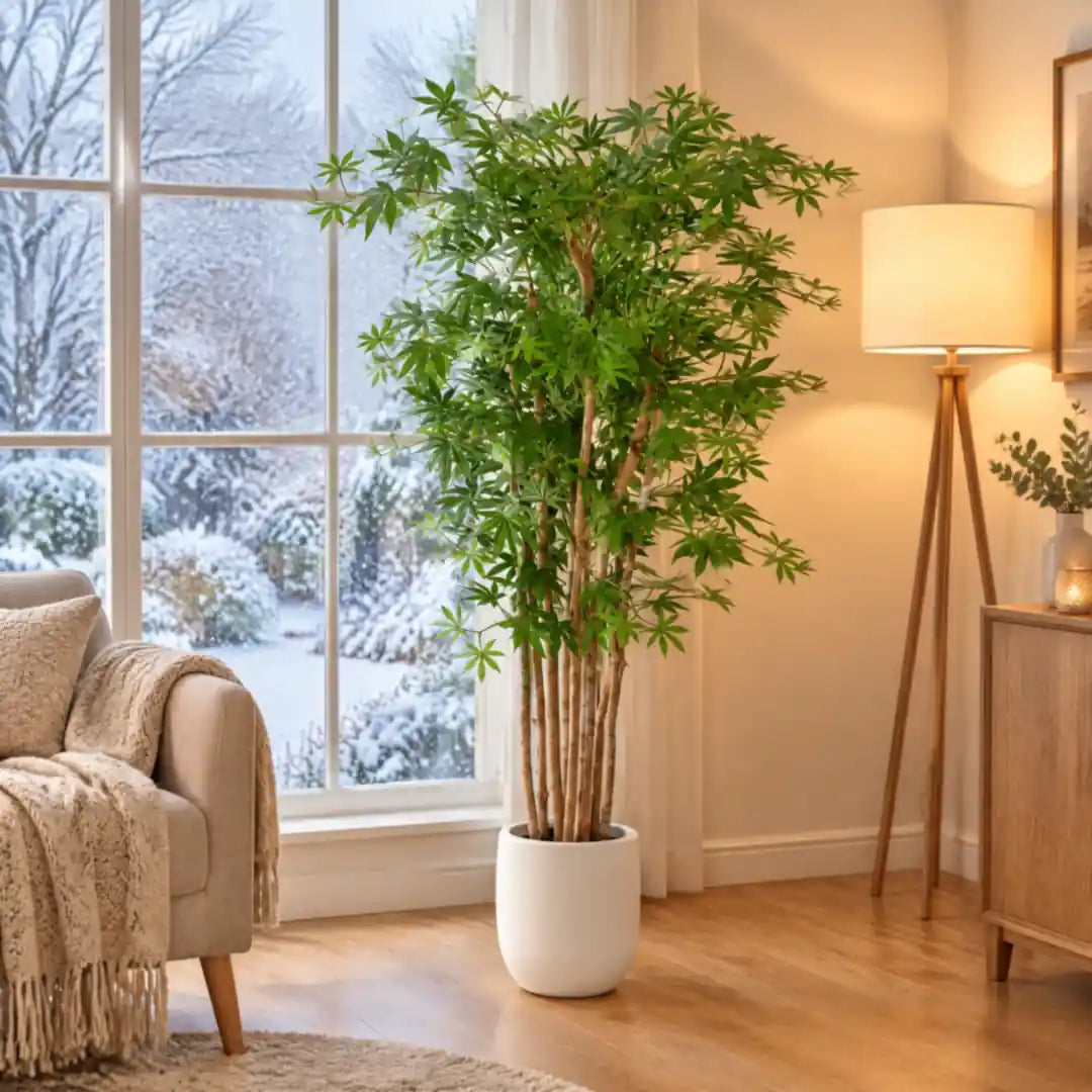 Künstlicher Japanischer Ahorn sattgrün im Wohnzimmer, draußen verschneiter Garten