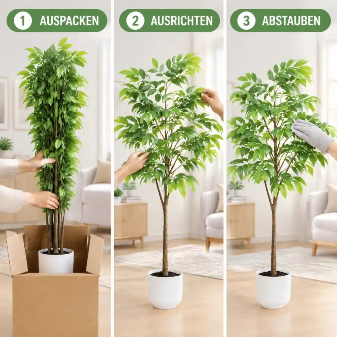 Kunstbaum in drei Schritten: auspacken, Zweige ausrichten, abstauben
