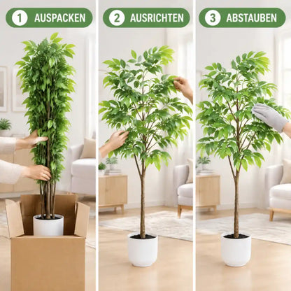 Kunstbaum in drei Schritten: auspacken, Zweige ausrichten, abstauben