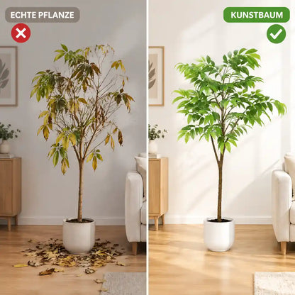 Vergleich: echte Zimmerpflanze mit gelben Blättern neben dem immergrünen Kunstbaum