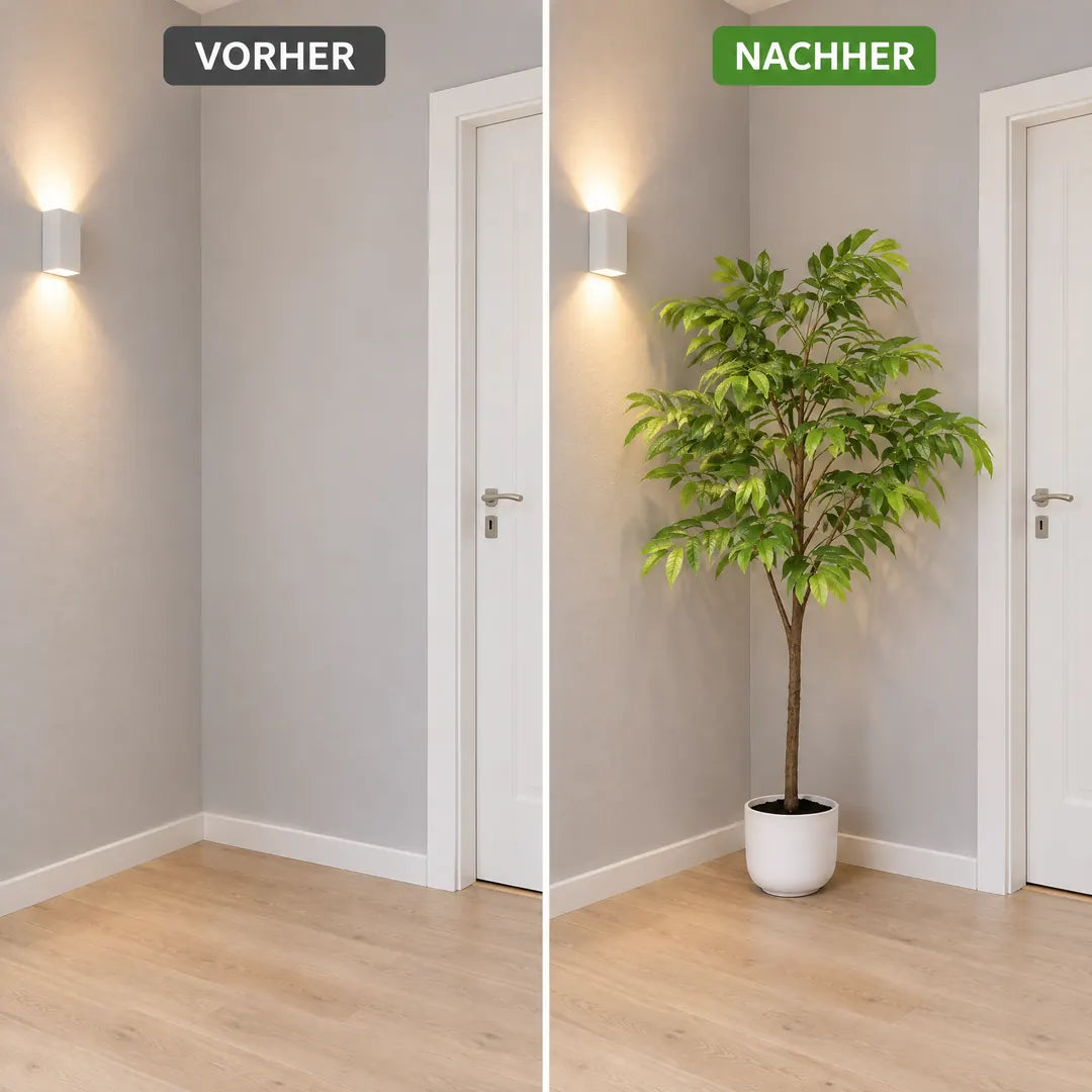 Vorher und nachher: leere Flurecke ohne Fenster und dieselbe Ecke mit dem Kunstbaum