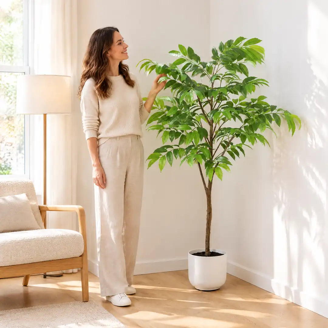 Frau neben dem 153 cm hohen Kunstbaum in einer Wohnzimmerecke
