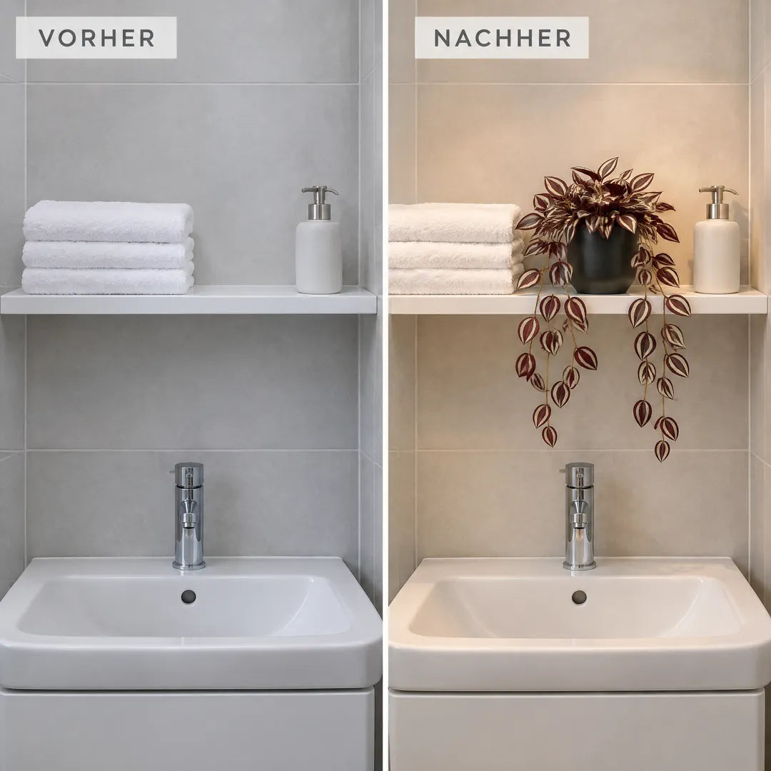 Vorher und nachher: Regal im Bad ohne Fenster mit und ohne Zebrakraut