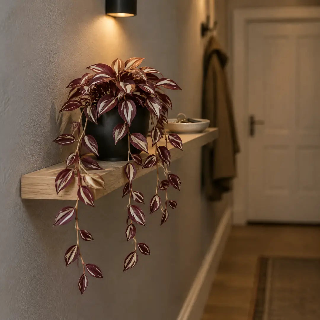 Künstliches Zebrakraut auf einem Wandboard im fensterlosen Flur