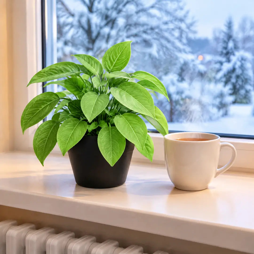 Künstliche Blattpflanze auf der Fensterbank über der Heizung im Winter