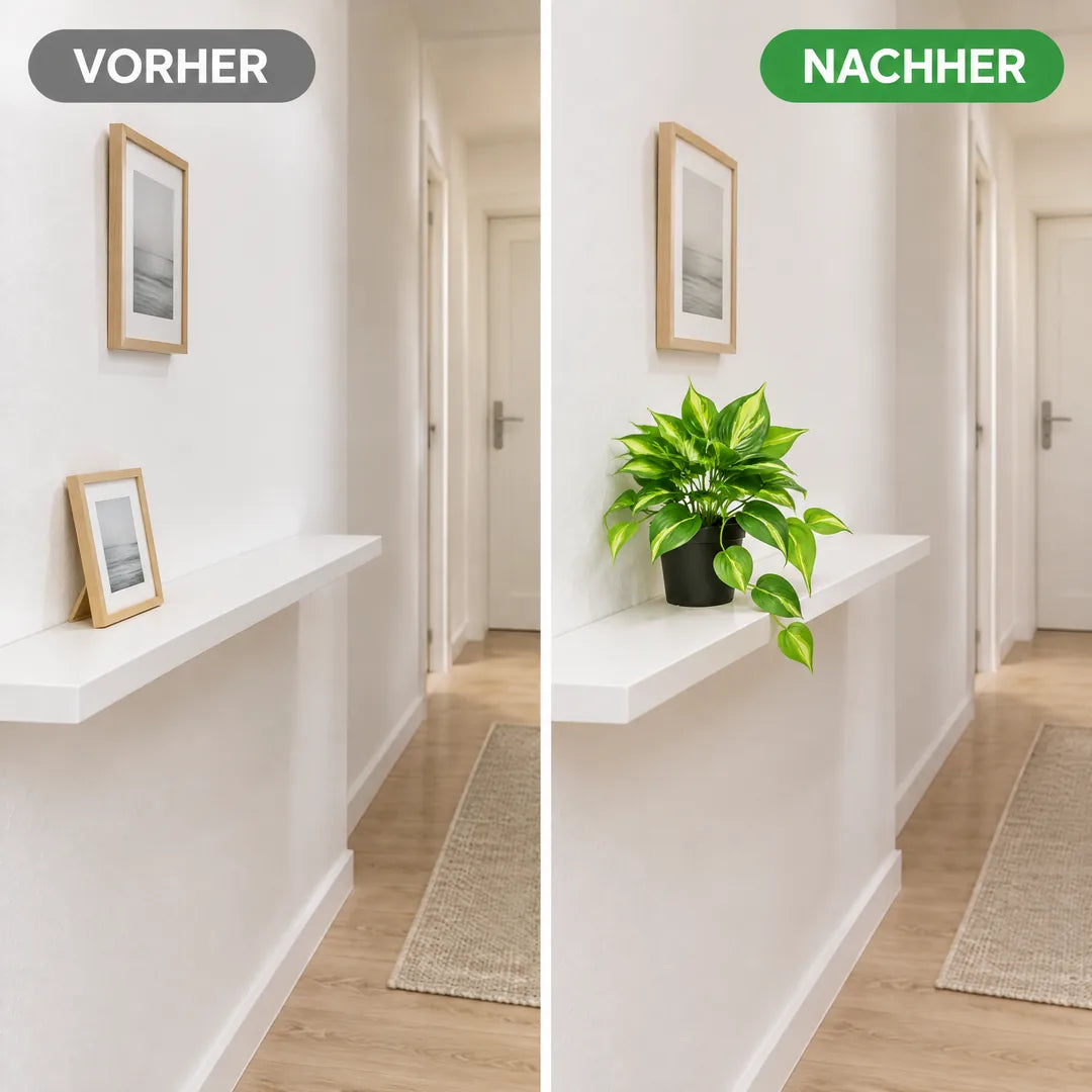 Flur-Wandbord vorher leer und nachher mit künstlicher Efeutute