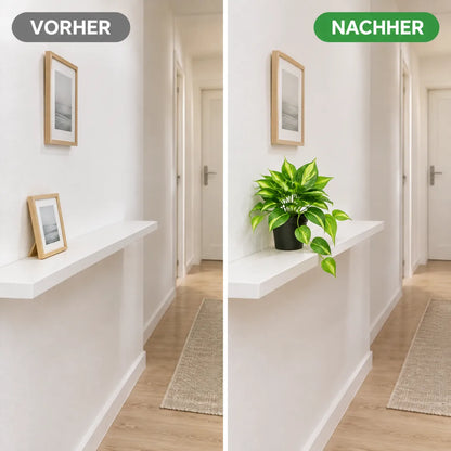 Flur-Wandbord vorher leer und nachher mit künstlicher Efeutute