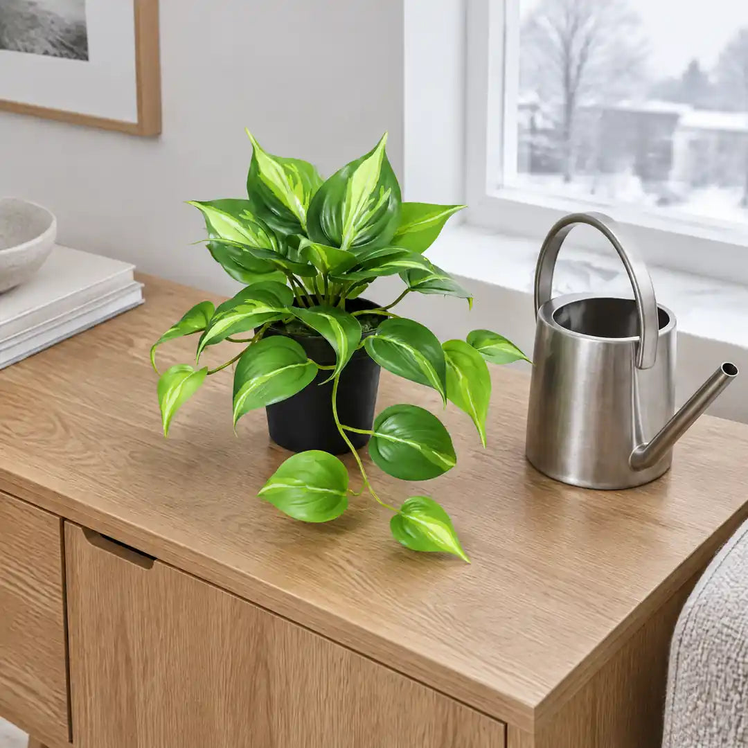 Künstliche Efeutute frisch auf dem Sideboard, daneben eine unbenutzte Gießkanne