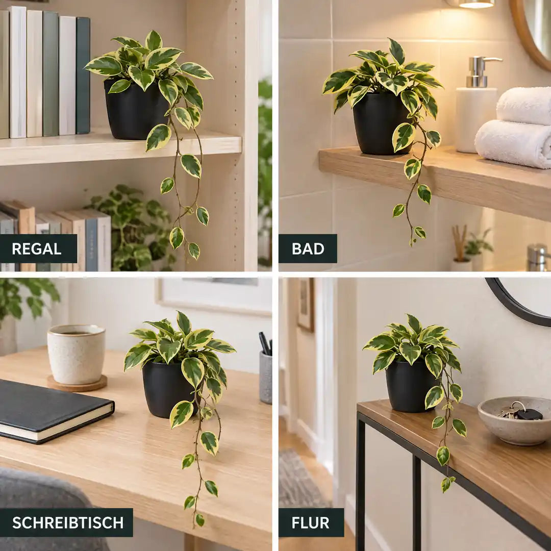 Vier Einsatzorte der künstlichen Hoya: Regal, Bad, Schreibtisch und Flur