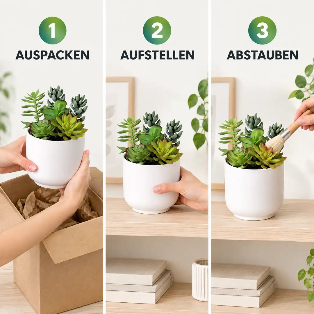 Anwendung in drei Schritten: Auspacken, Aufstellen, Abstauben
