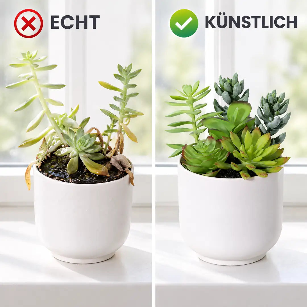 Vergleich: vergeilte echte Sukkulenten mit faulenden Blättern neben den frischen künstlichen Sukkulenten