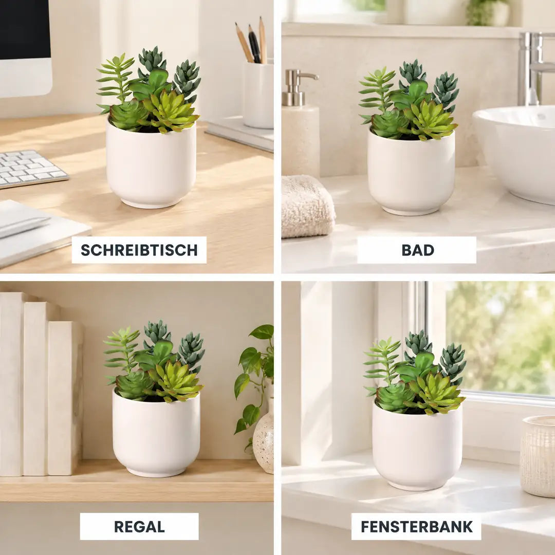 Vier Einsatzorte der Kunstpflanze: Schreibtisch, Bad, Regal und Fensterbank