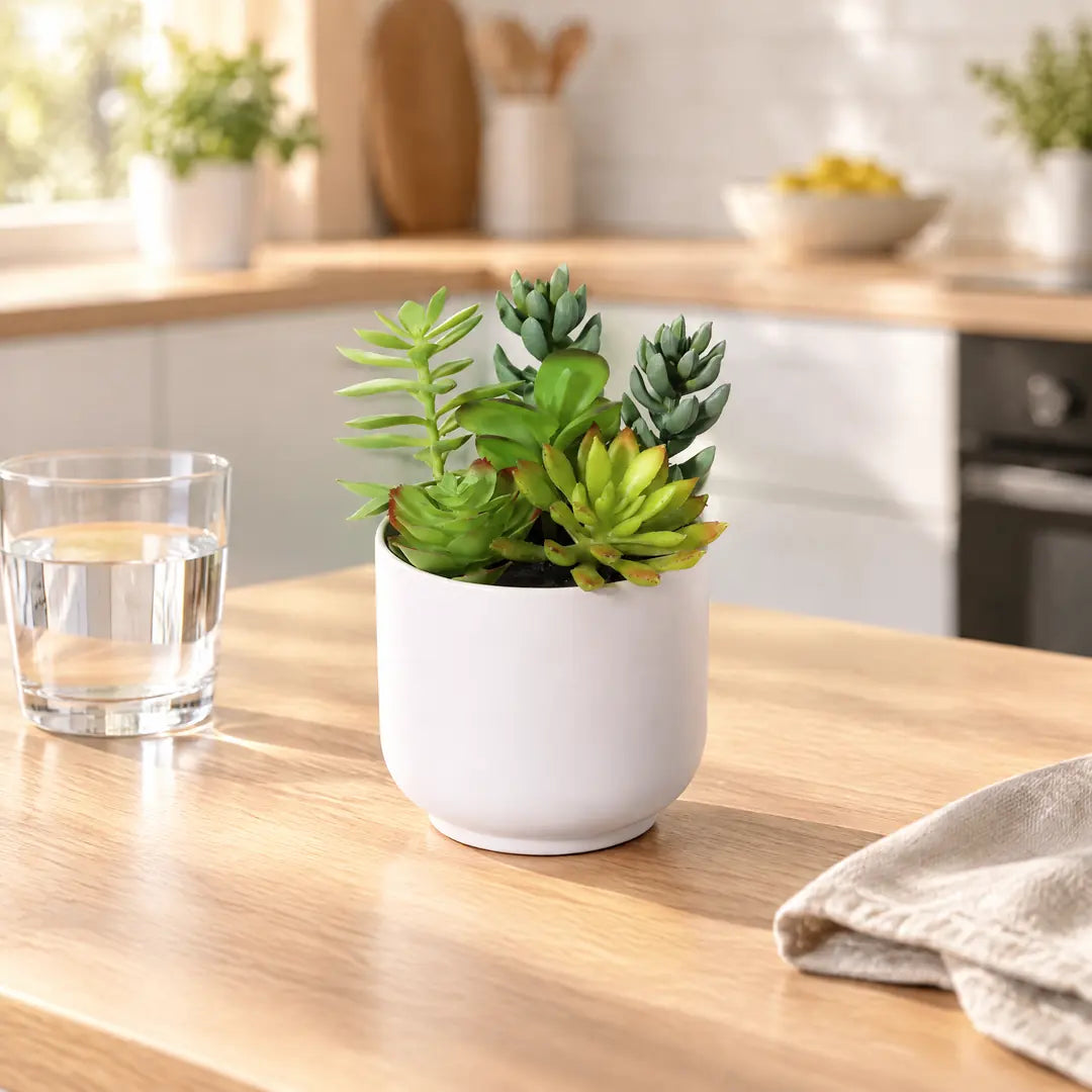 Künstliche Sukkulenten im weißen Topf auf einer Küchenarbeitsplatte neben einem Glas Wasser