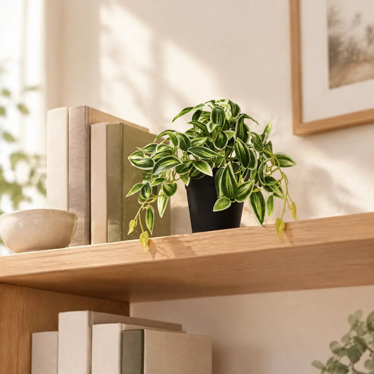Kleine Kunstpflanze Tradescantia auf einem Holzregal neben Büchern, die Ranken fallen über die Kante