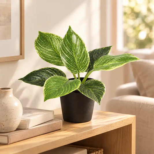 Künstlicher Philodendron Birkin auf einem Holzregal neben Büchern