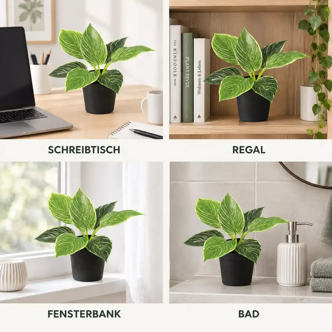 Kunstpflanze klein – künstlicher Philodendron Birkin, 20 cm im Topf
