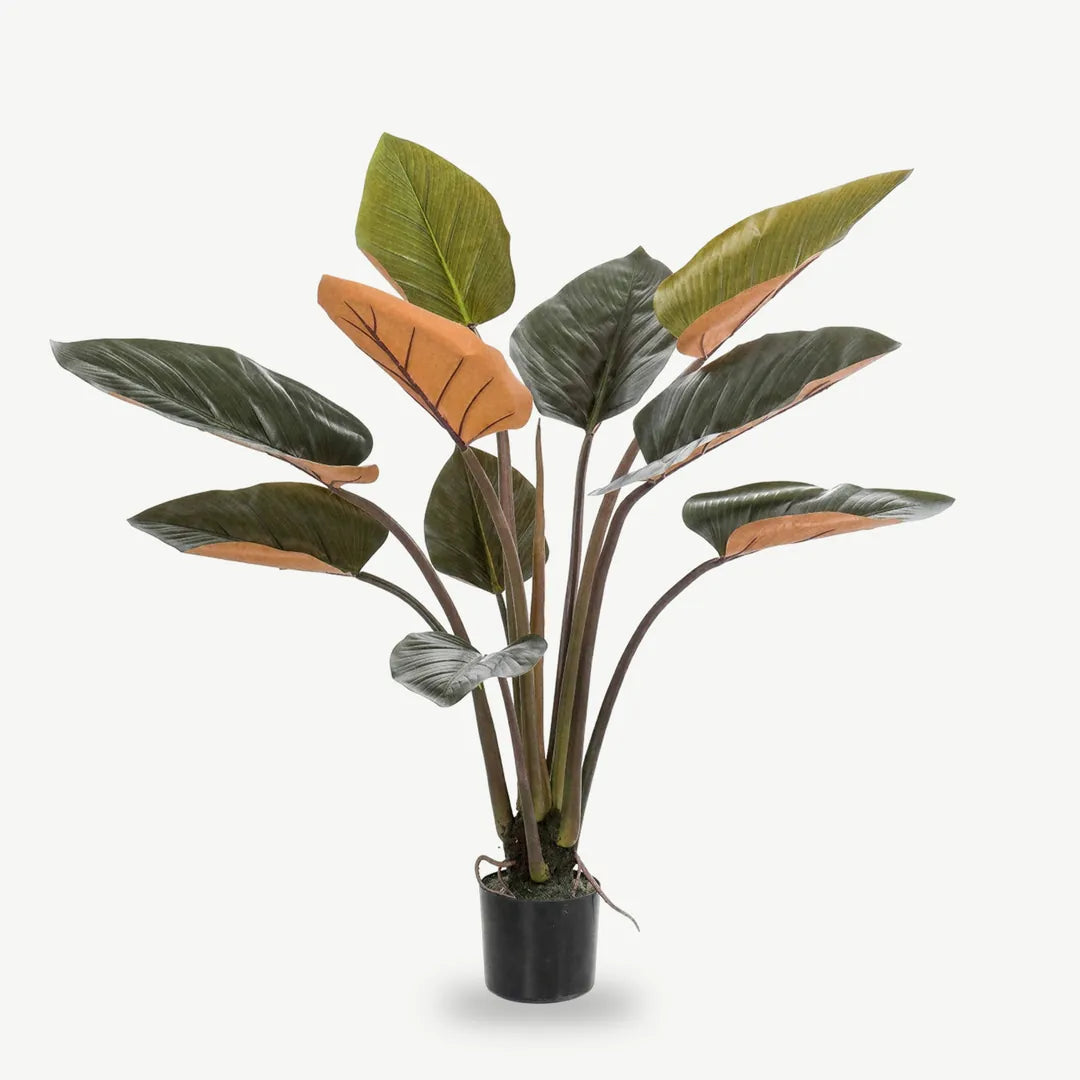 Kunstpflanze rot – künstlicher Philodendron mit kupferroten Blattunterseiten, 120 cm im schwarzen Topf