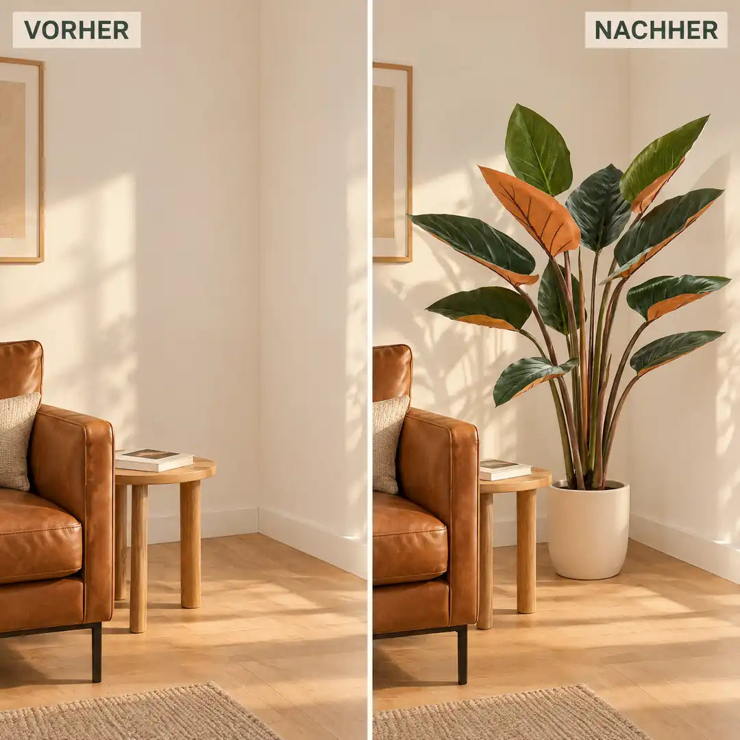 Vorher und nachher: leere Wohnzimmerecke und dieselbe Ecke mit künstlichem Philodendron