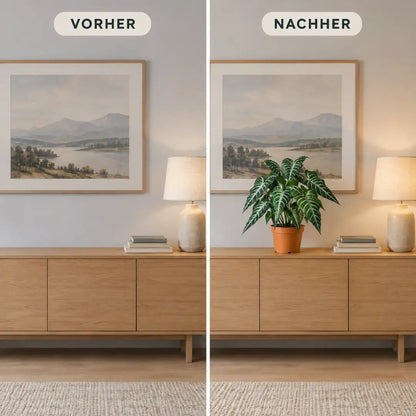 Vorher und nachher: Sideboard ohne und mit künstlicher Alocasia