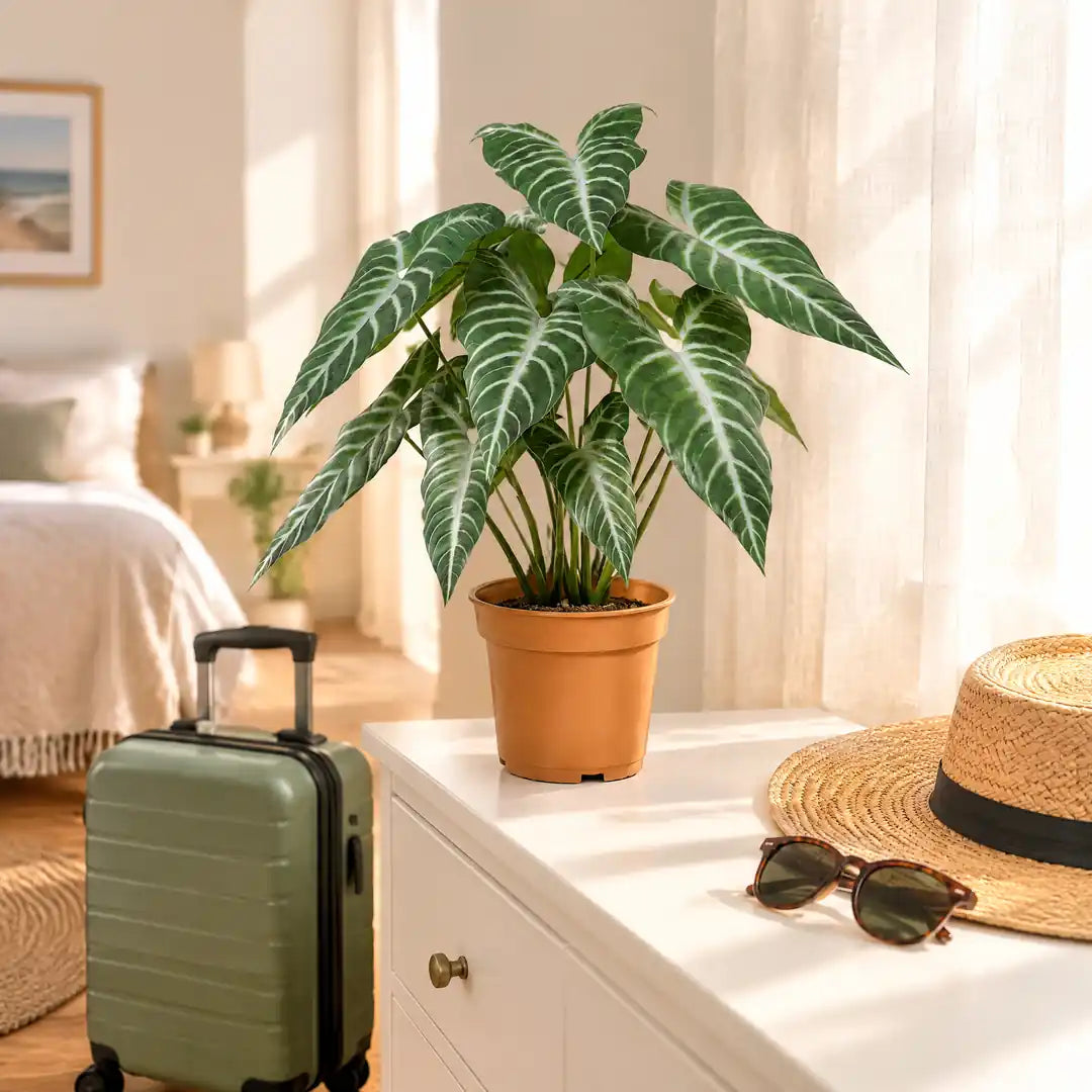 Künstliche Alocasia auf einer Kommode neben gepacktem Koffer