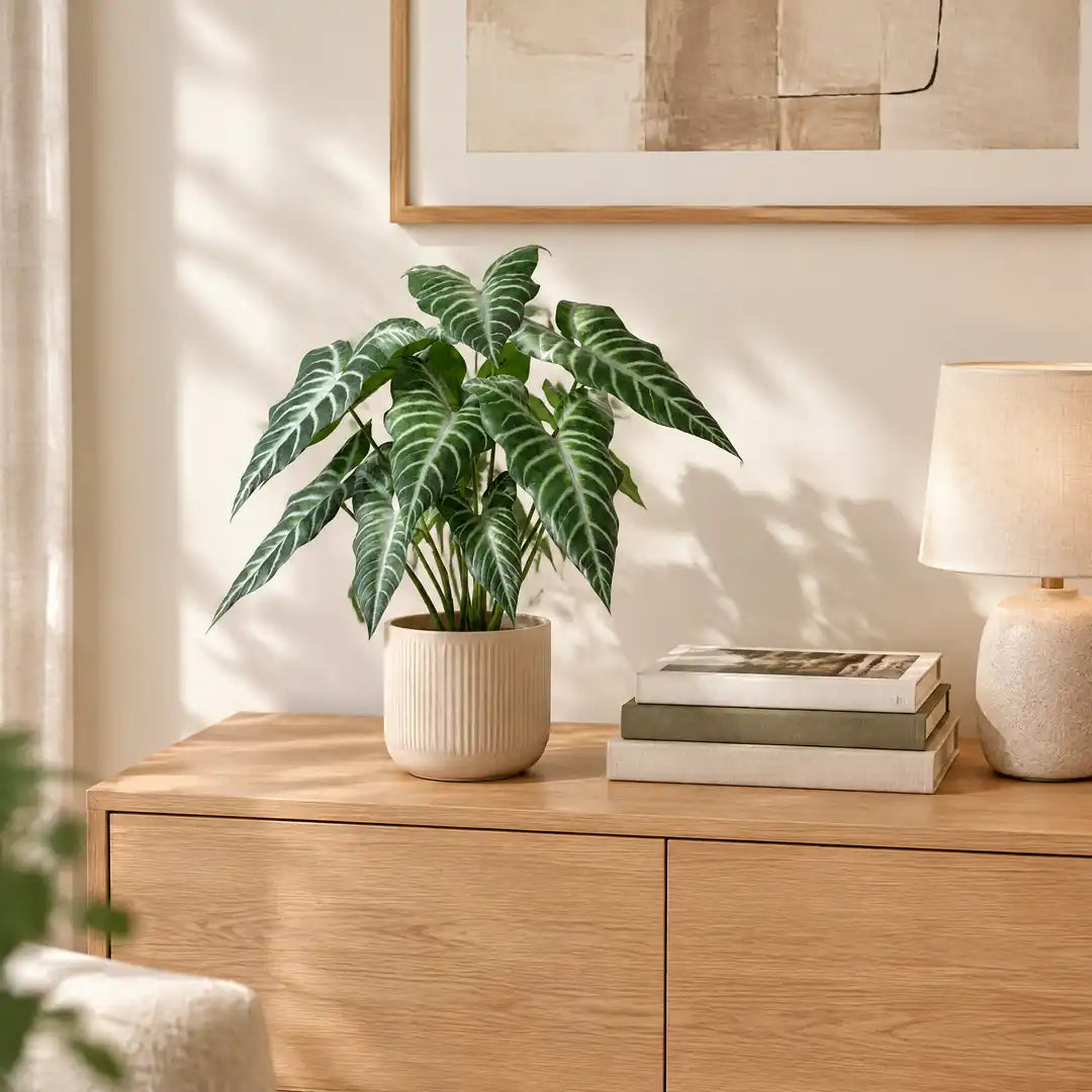 Künstliche Alocasia im beigen Übertopf auf einem Sideboard