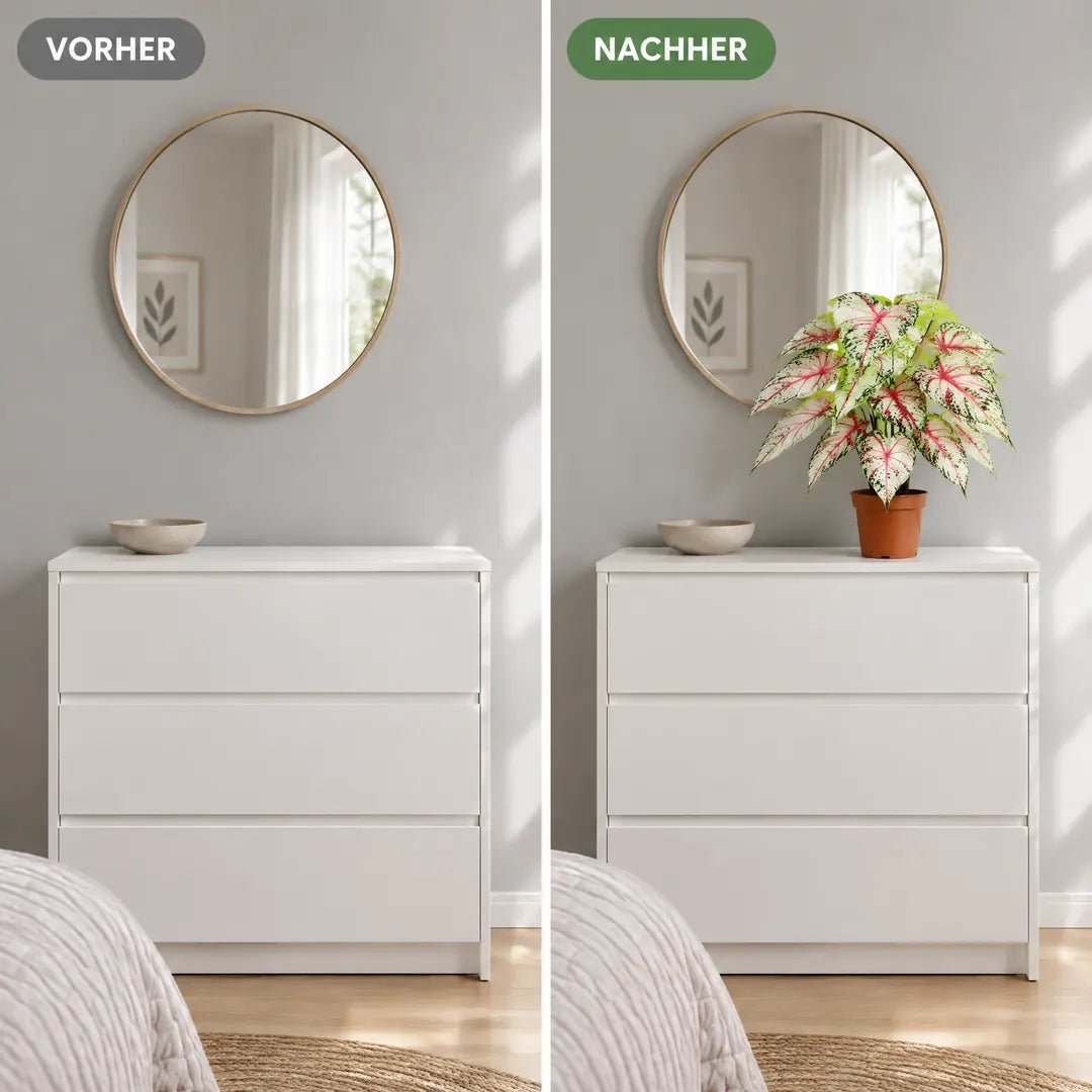 Vorher und nachher: Kommode ohne und mit künstlicher Caladium Weiß-Rosa
