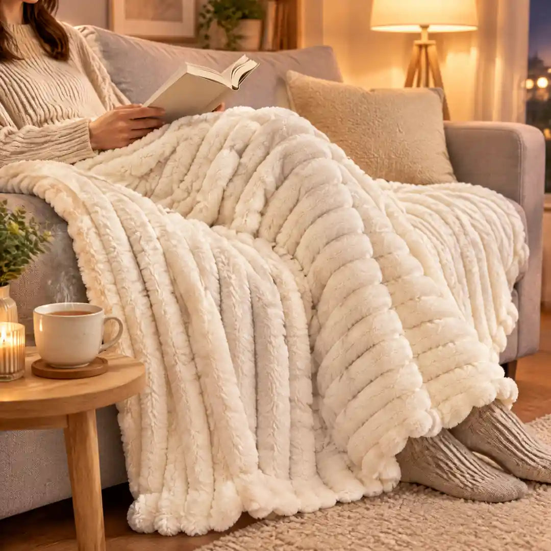 Cremefarbene Kuscheldecke auf dem Sofa am Abend mit Buch und Tee