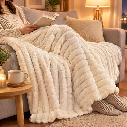 Cremefarbene Kuscheldecke auf dem Sofa am Abend mit Buch und Tee