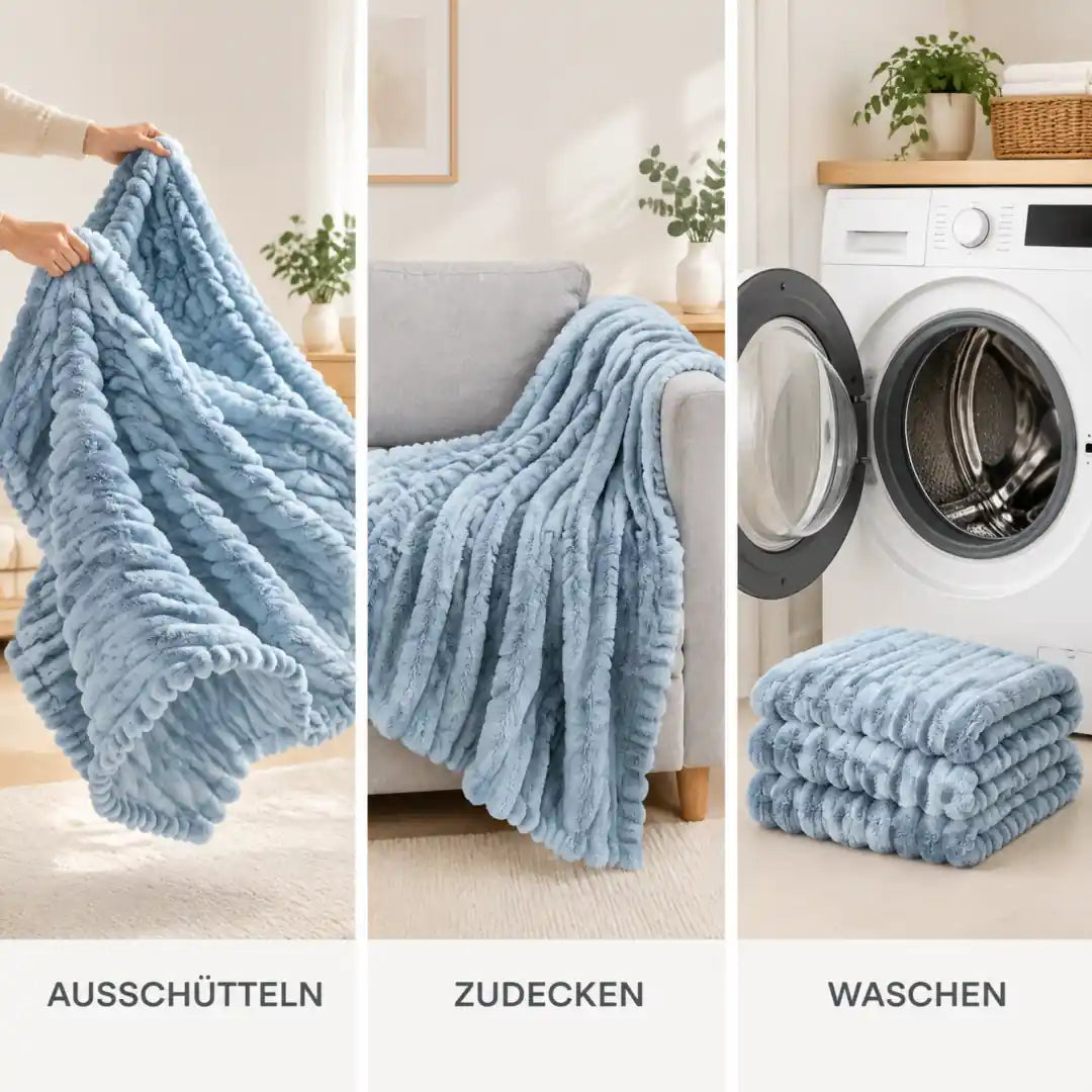 Kuscheldecke in Hellblau: ausschütteln, zudecken, waschen