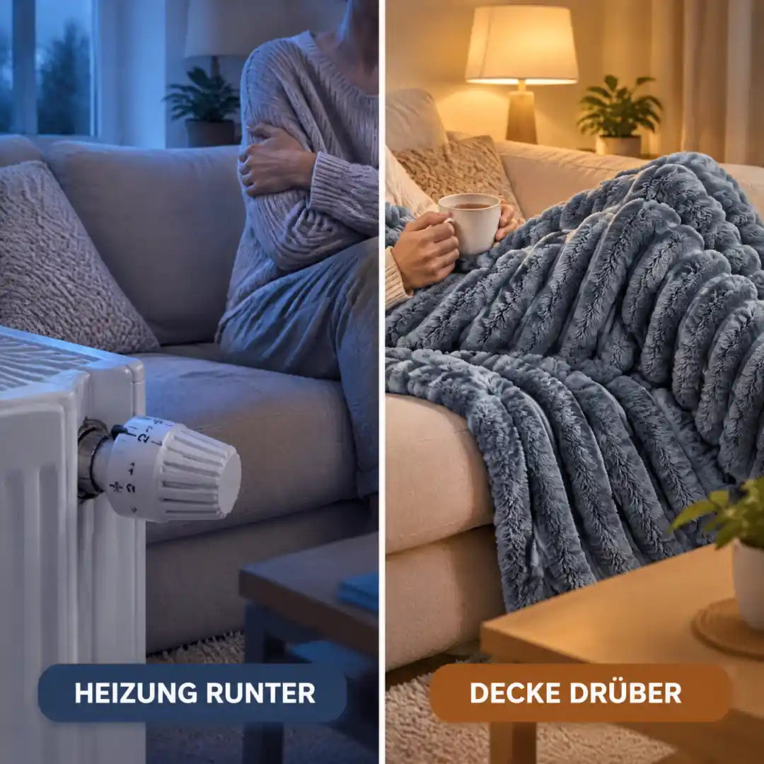 Heizung runter, Decke drüber – Kuscheldecke in Blaugrau auf dem Sofa