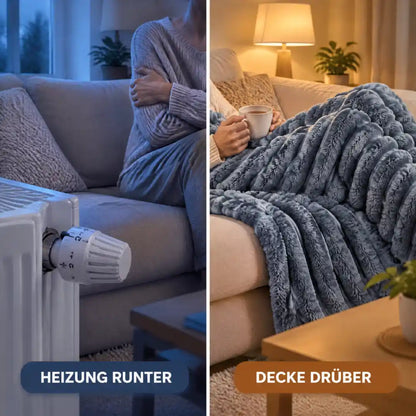 Heizung runter, Decke drüber – Kuscheldecke in Blaugrau auf dem Sofa