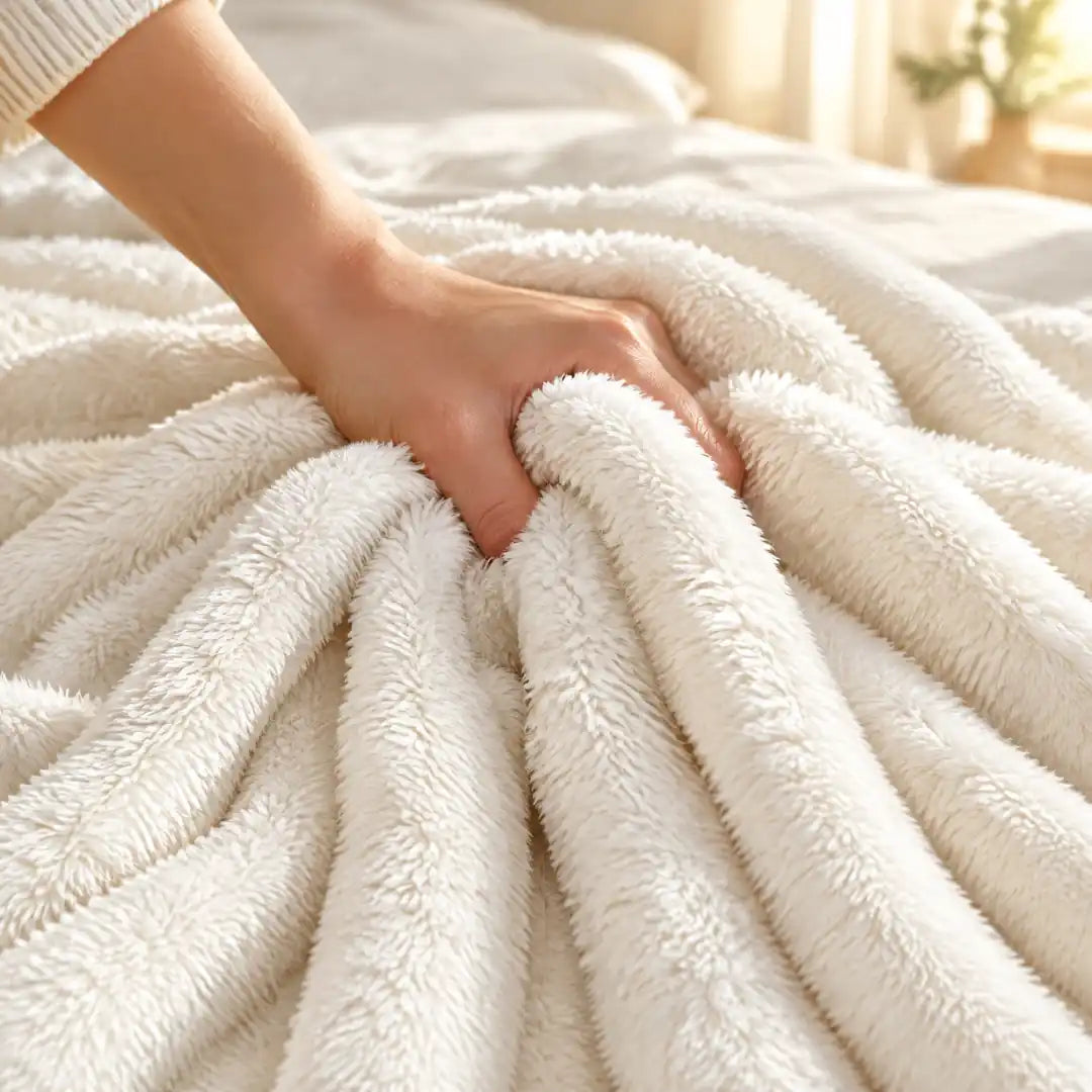 Hand greift in den weichen Flor der cremefarbenen Kuscheldecke