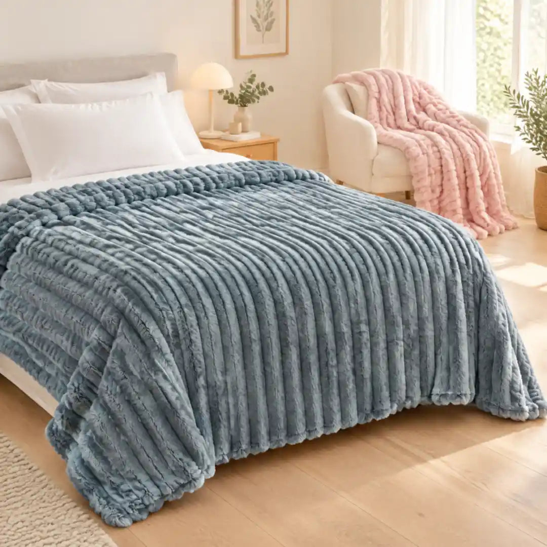 Blaugraue Kuscheldecke als Tagesdecke auf dem Bett, rosa Decke auf dem Sessel