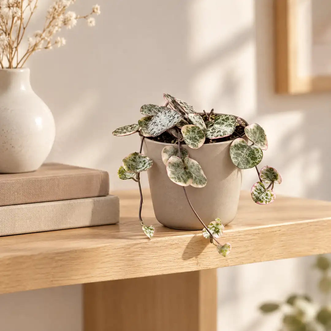 Leuchterblume Variegata im beigen Übertopf auf einem hellen Holzregal, Herzranken hängen über die Kante