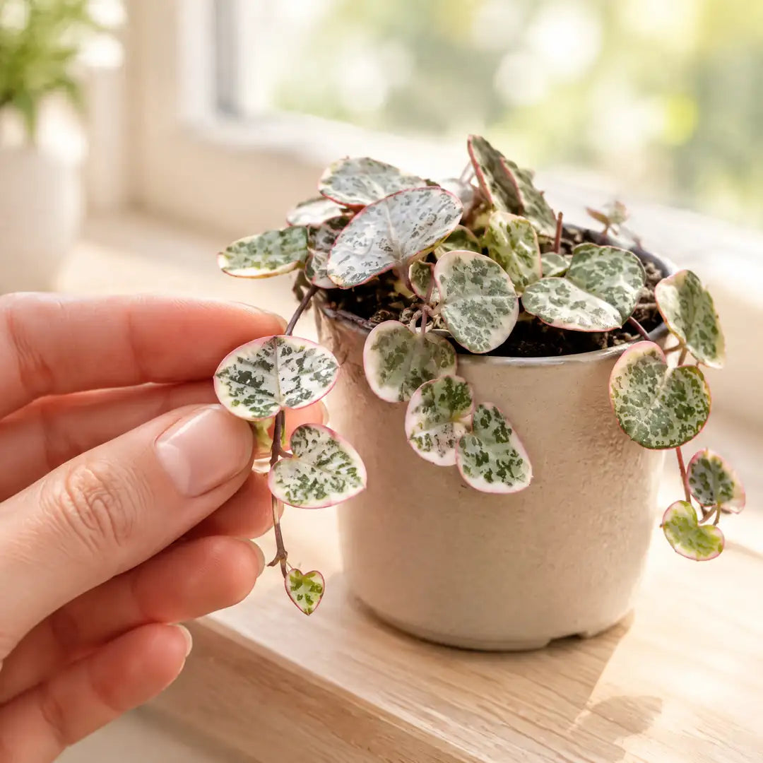 Hand hebt eine Ranke der Leuchterblume Variegata mit herzförmigen Blättern an