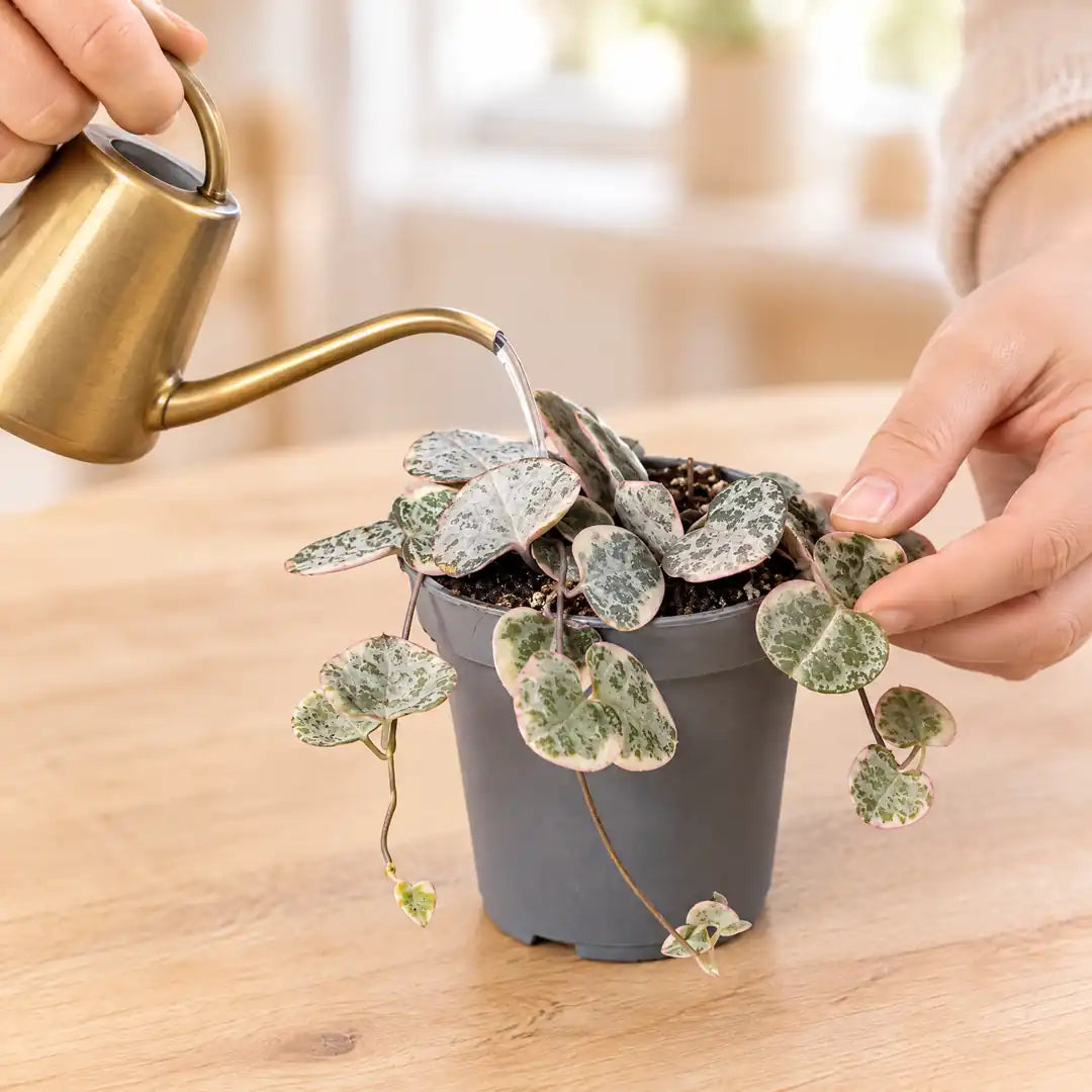 Leuchterblume Variegata wird mit einer kleinen Gießkanne sparsam an der Erde gegossen
