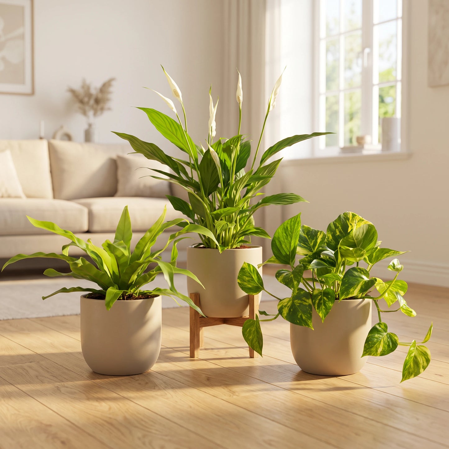 Luftreinigende Pflanzen Set – Nestfarn, Einblatt und Efeutute im hellen Wohnraum