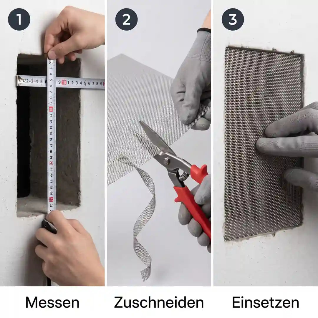 Anwendung in drei Schritten: Gitter zuschneiden, einsetzen und befestigen