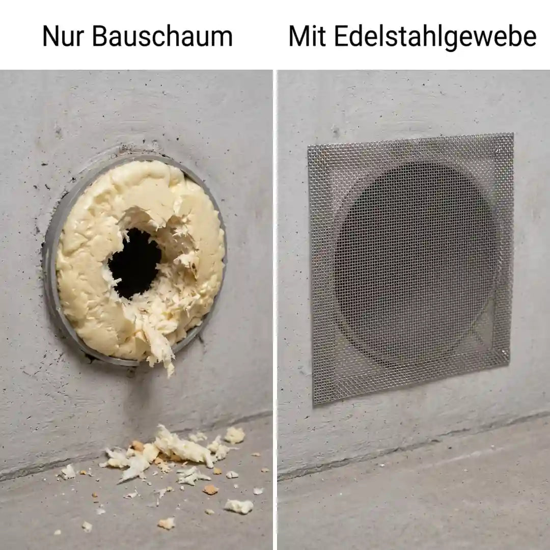 Vergleich: mit Bauschaum verschlossene Öffnung gegenüber Abdeckung mit Edelstahlgitter