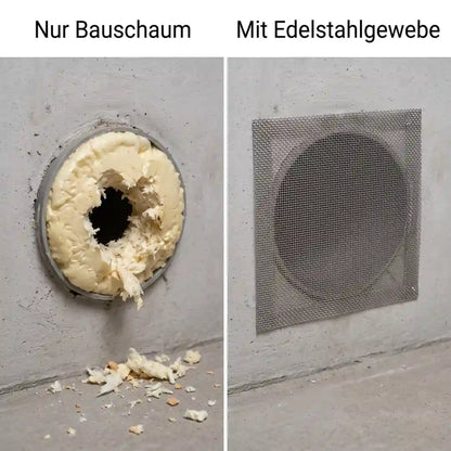 Vergleich: mit Bauschaum verschlossene Öffnung gegenüber Abdeckung mit Edelstahlgitter
