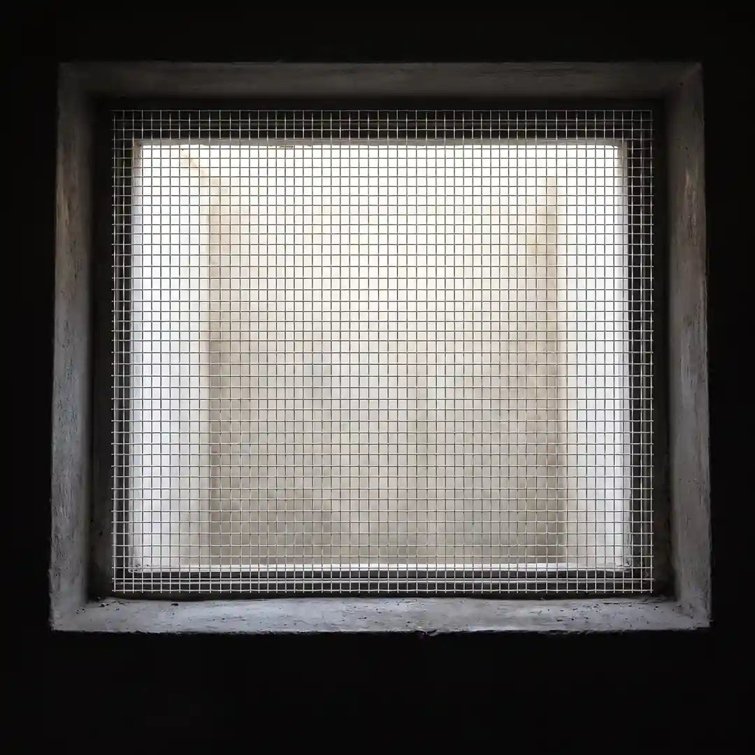 Blick aus dem dunklen Keller nach außen durch das eingesetzte Edelstahlgitter