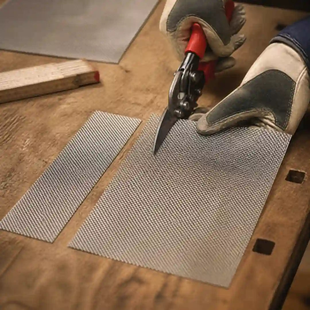 Edelstahlgitter wird mit einer Blechschere auf Maß zugeschnitten