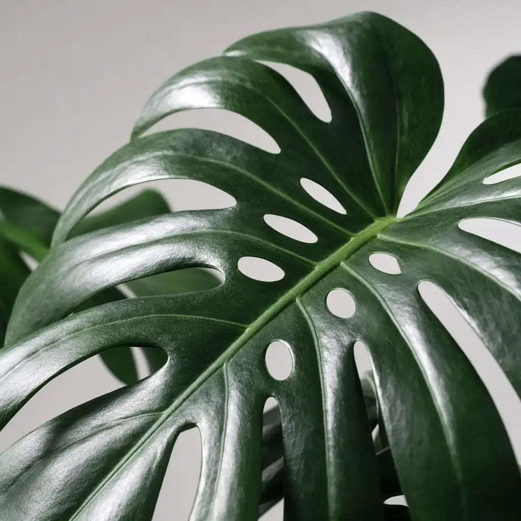Nahaufnahme der geschlitzten Fensterblätter der Monstera Deliciosa