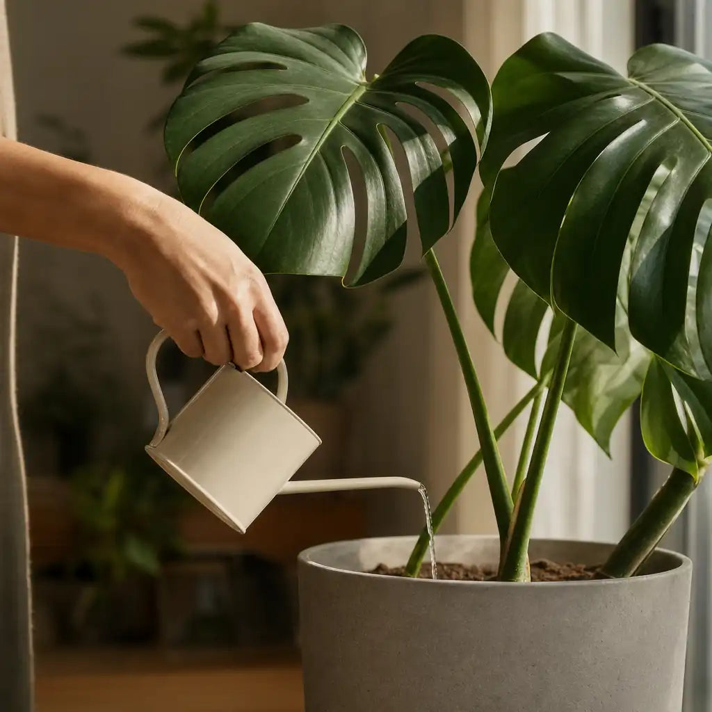 Monstera Deliciosa wird mit einer Gießkanne gegossen